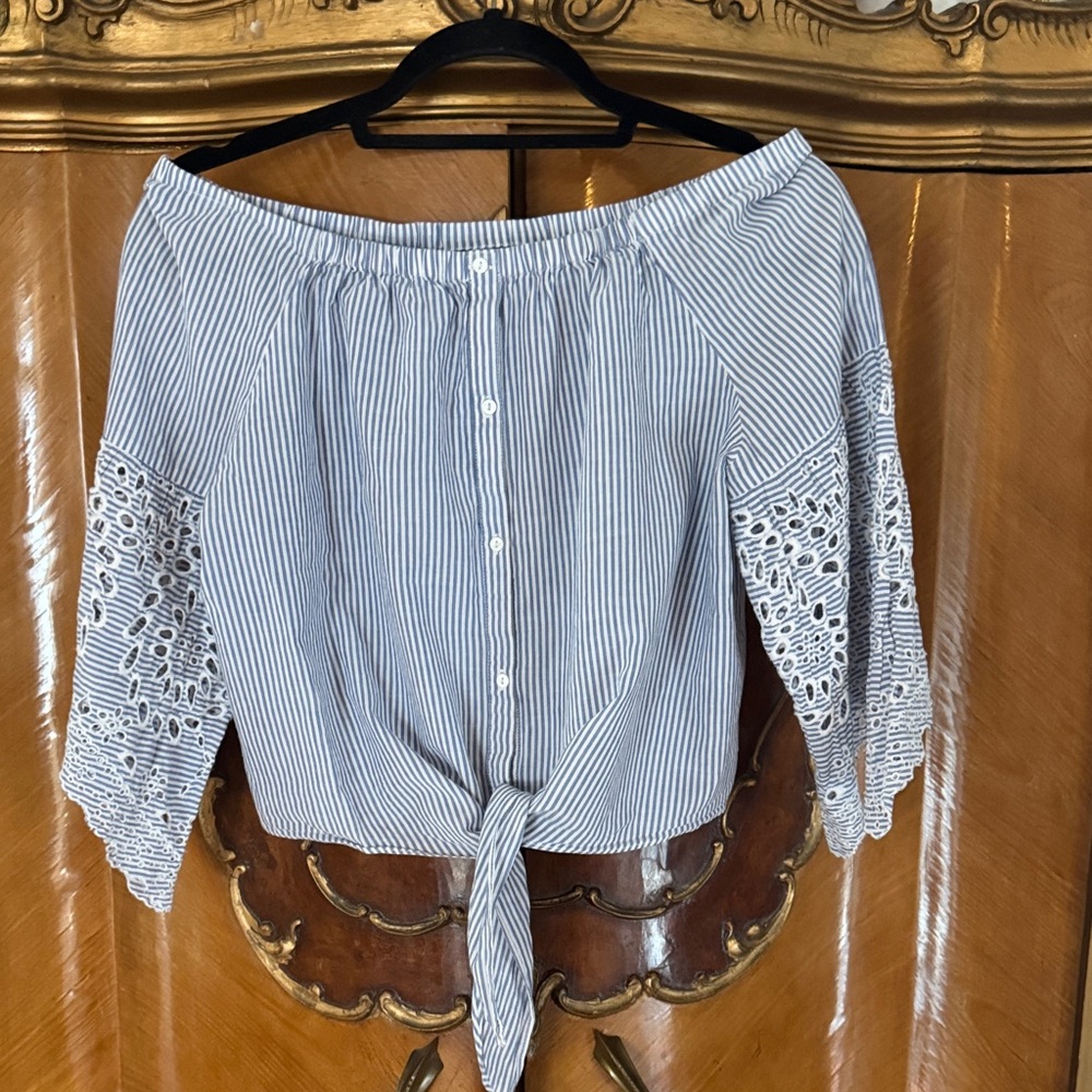 Only Love Urbanized Blue & White Striped Crop Top w/ Bell Sleeves & Tie Waist
